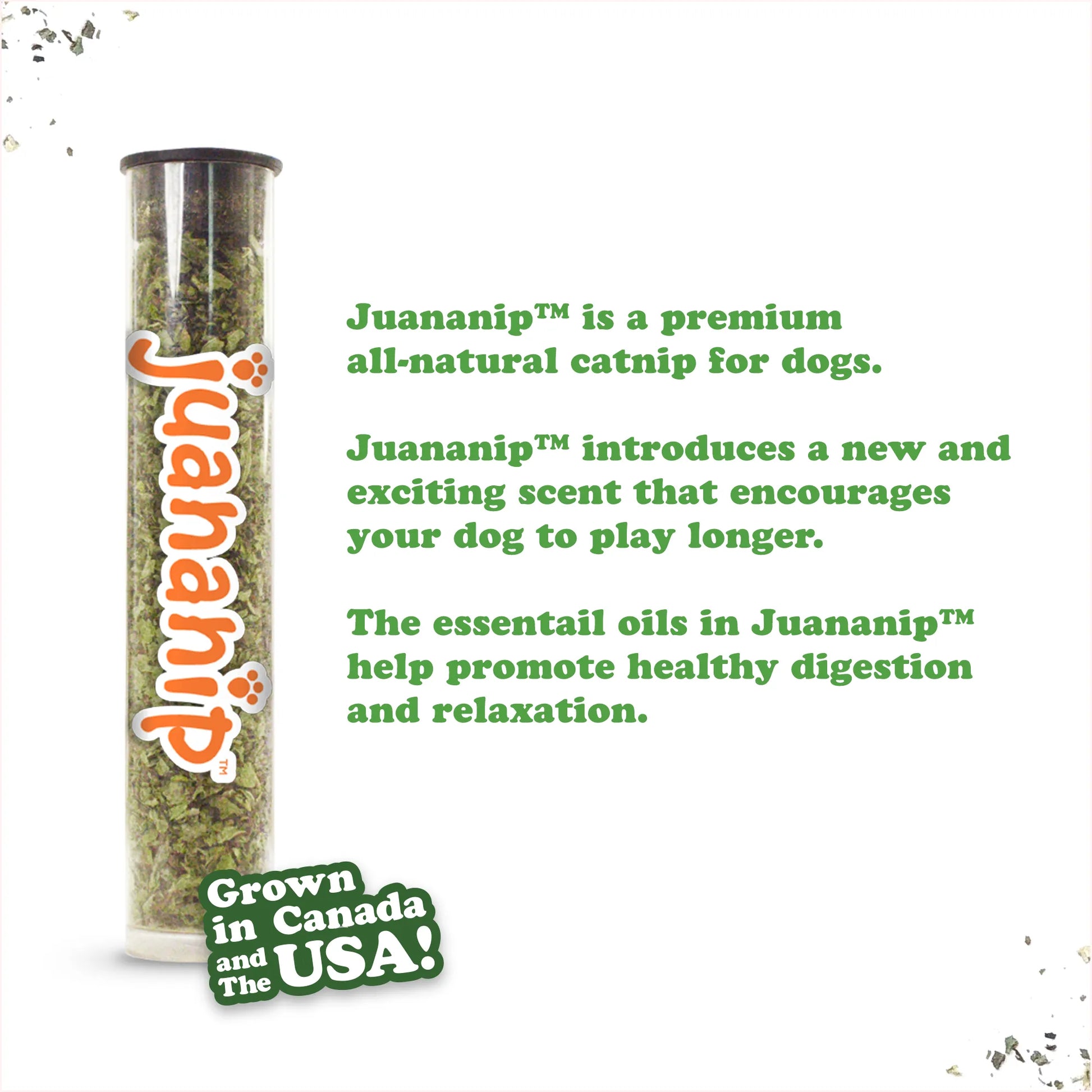 Tube of Juananip® organic catnip for dogs with text highlighting its calming and digestion-promoting properties.