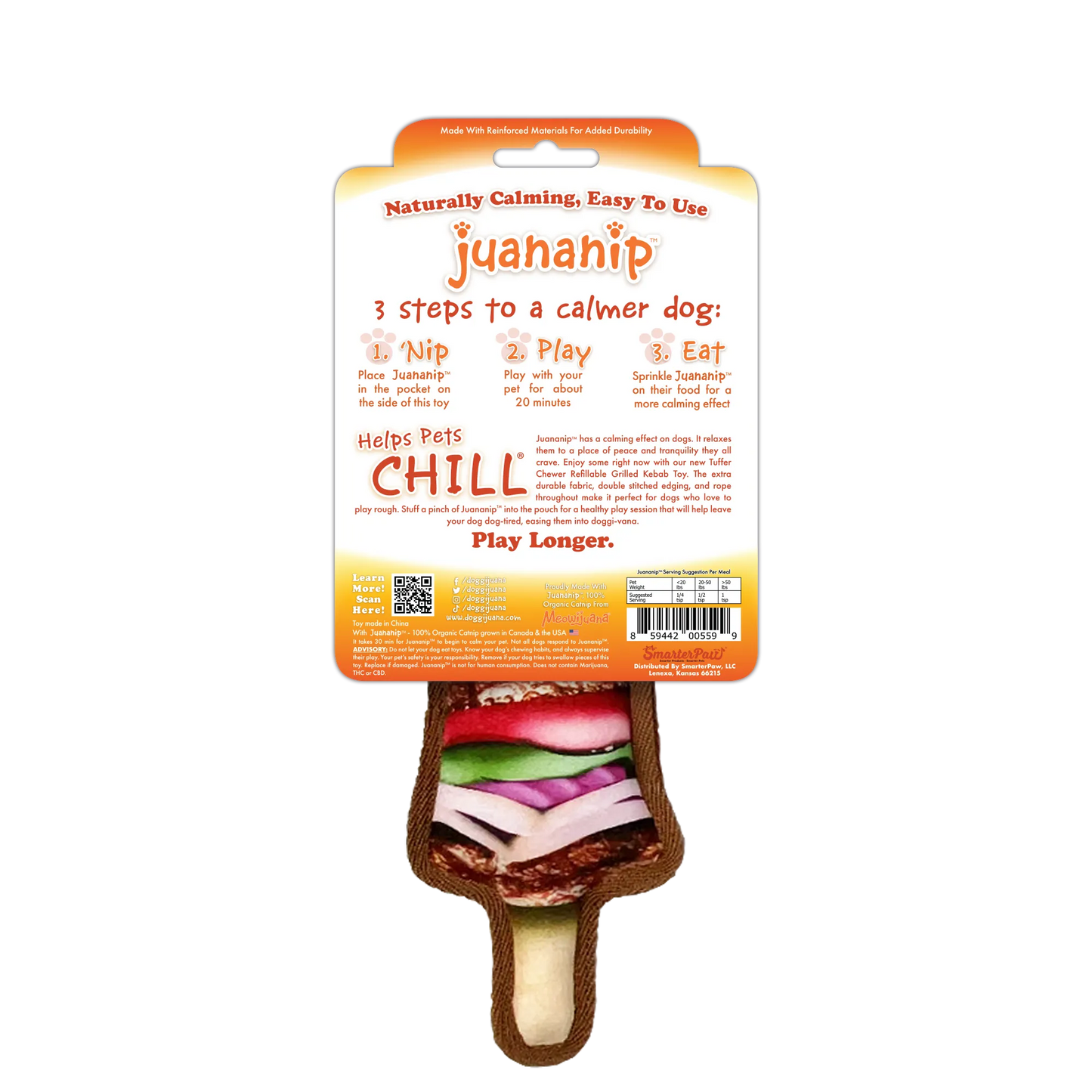 Back of the packaging for a grilled kebab toy with instructions for use and benefits of Juananip™ for calming dogs.