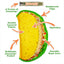 Close-up of taco-shaped chew toy highlighting features like reinforced edges, squeaker, double fabric, and refillable Juananip pocket.