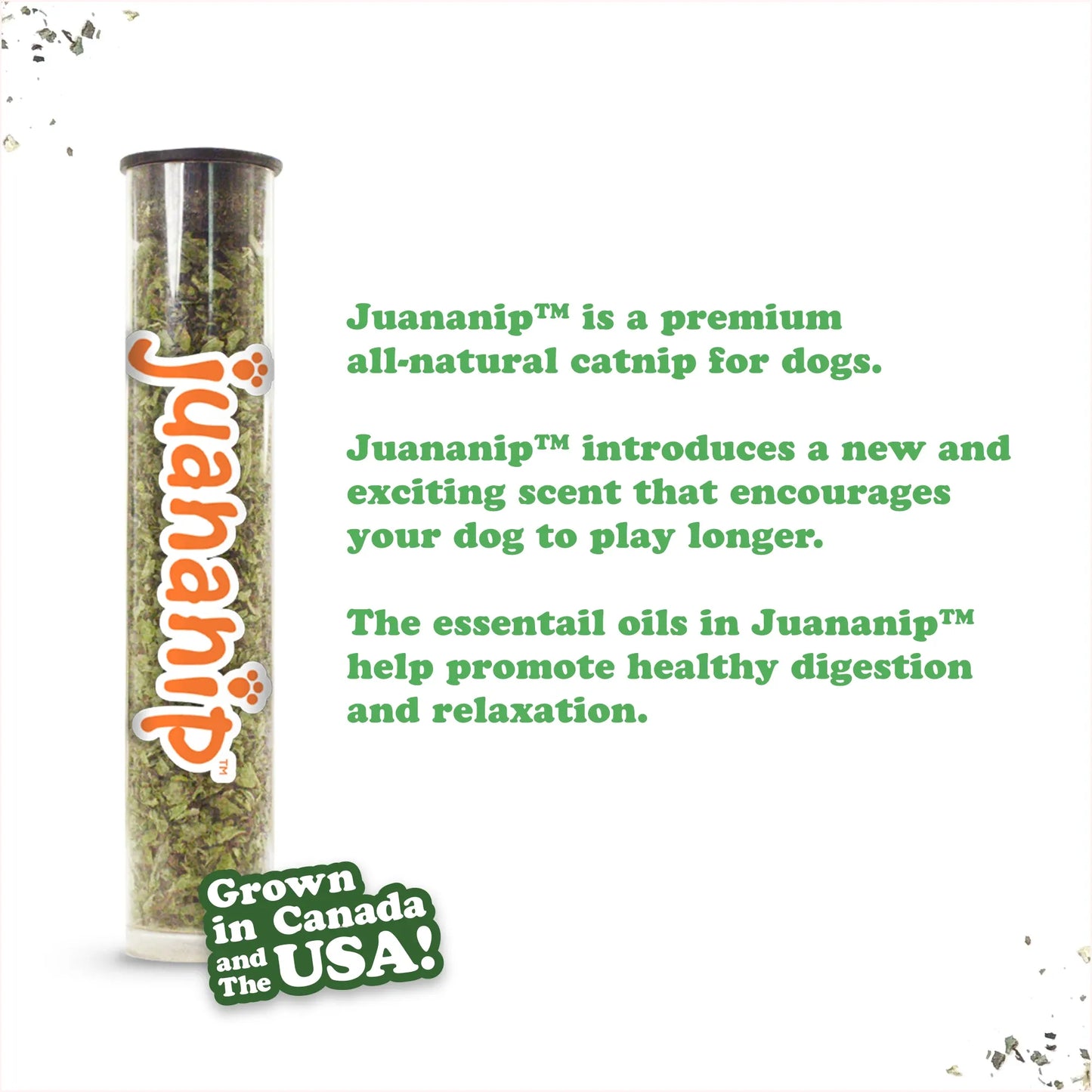 Tube of Juananip organic catnip for dogs with text highlighting its calming and digestion-promoting properties.